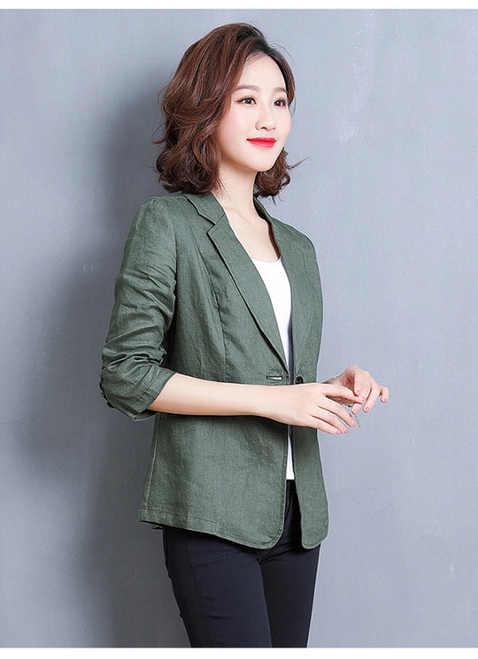 CJFHJE Notched Collar White Blazer Women Black Linen Suit Jacket Slim Thin Summer Pockets Two Buttons Green Office Lady Blazers